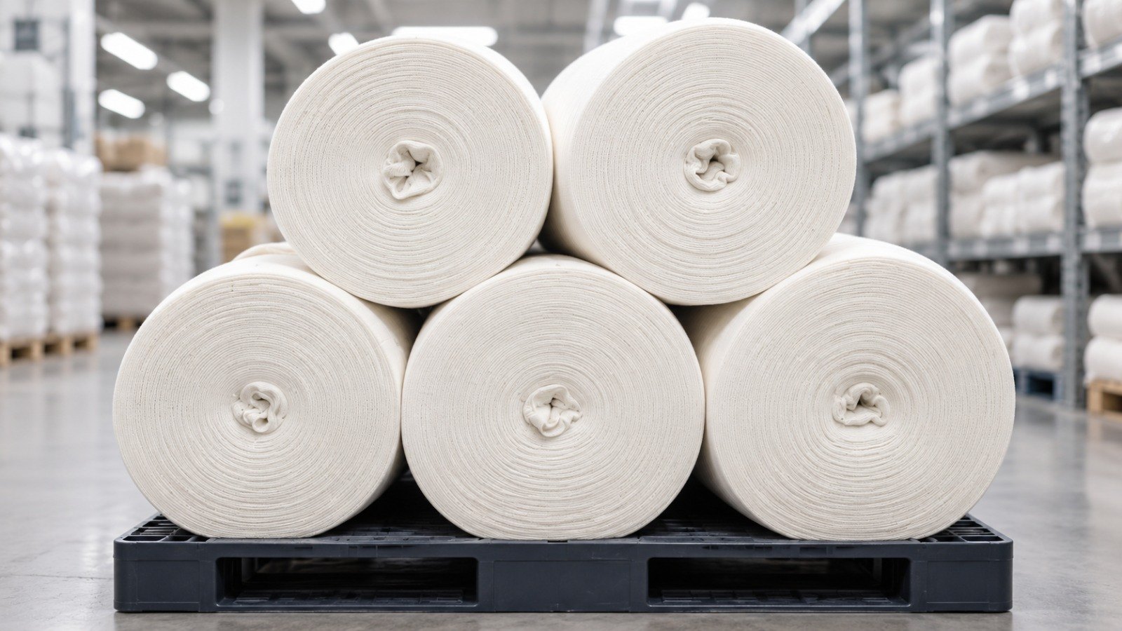 Rolls of knitted cuff rib on a pallet