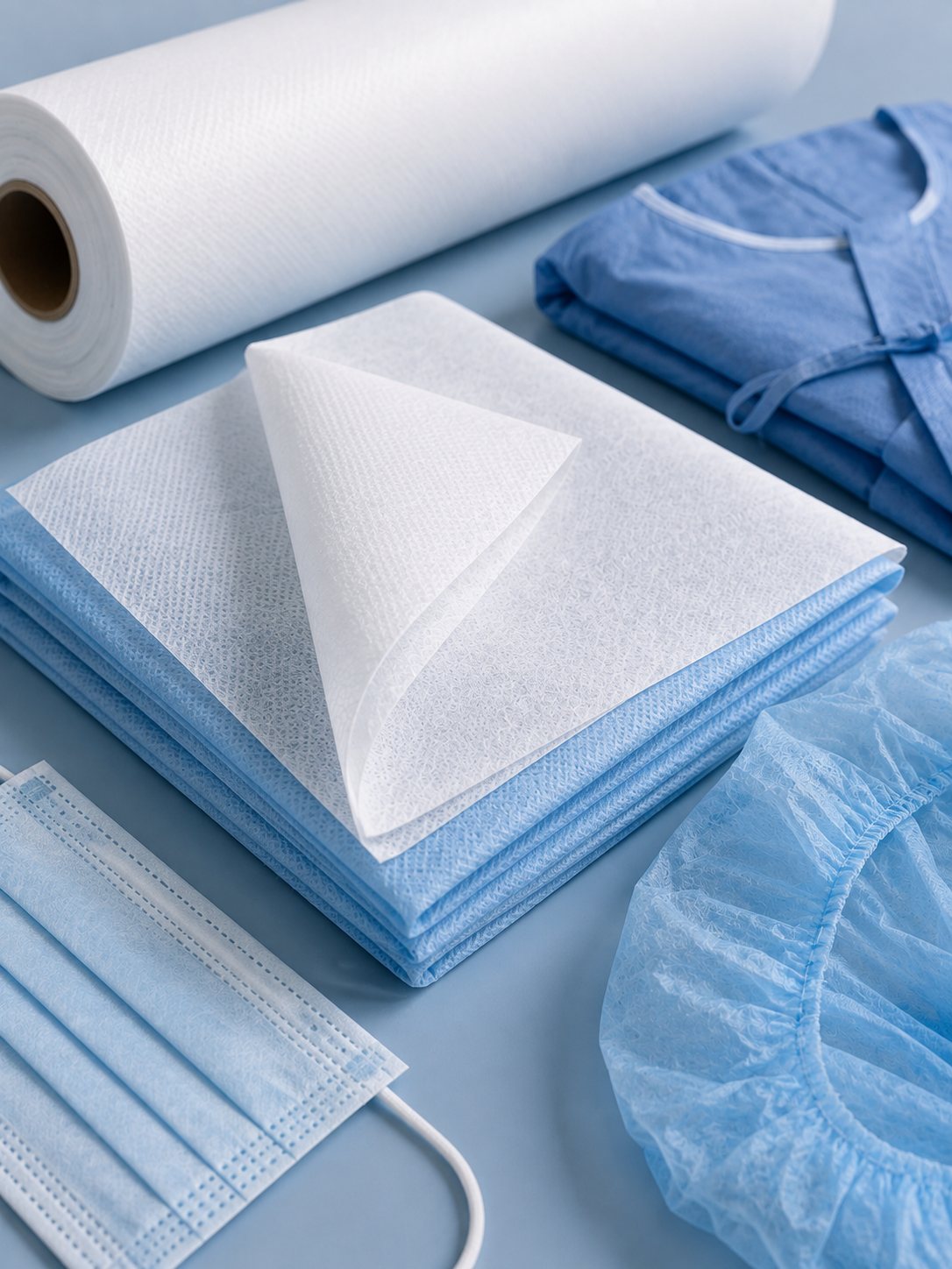 Surgical gowns, drapes, caps and masks made from nonwoven fabric