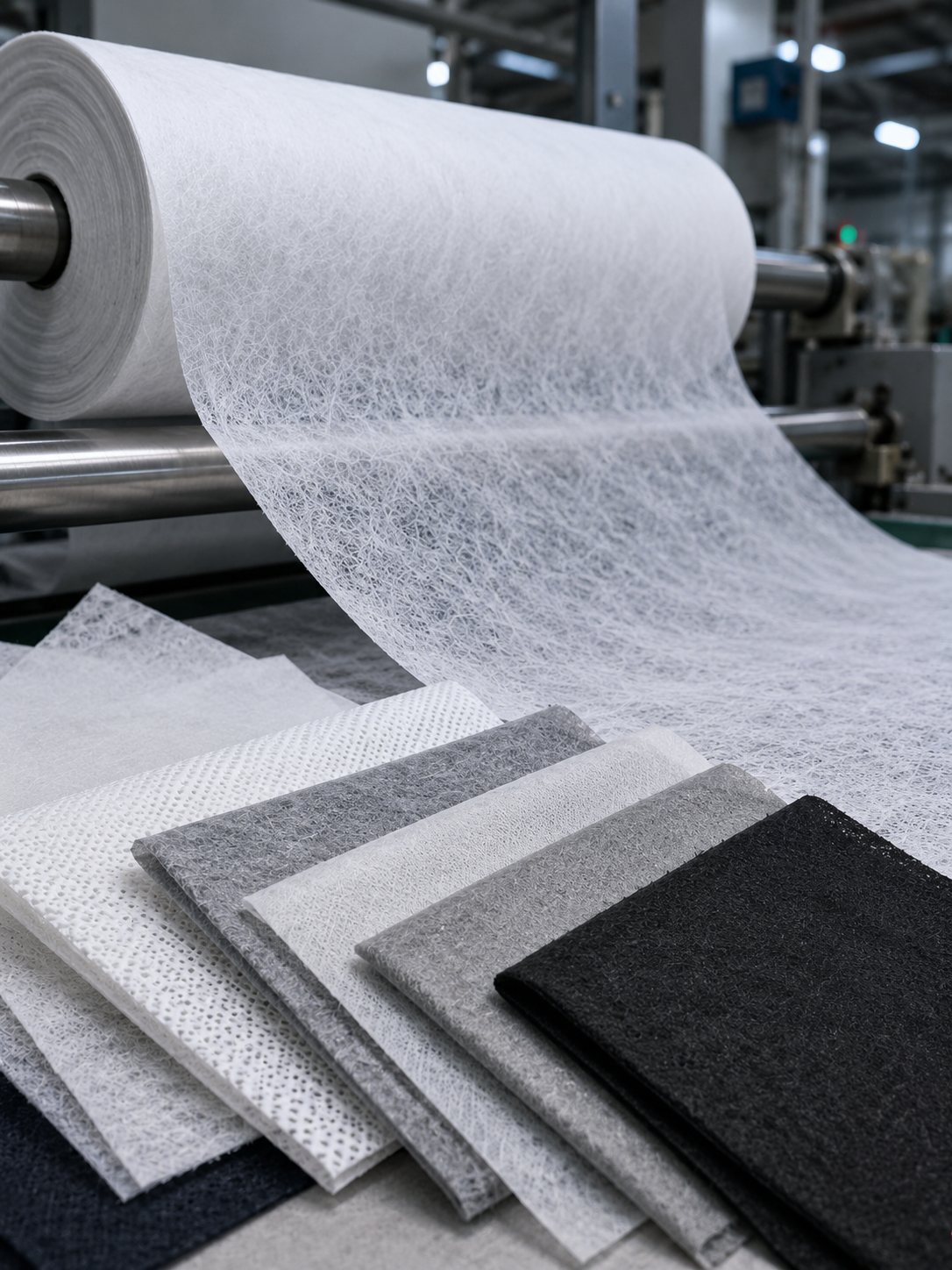 Spunlace fabric web running on the line beside fabric swatches