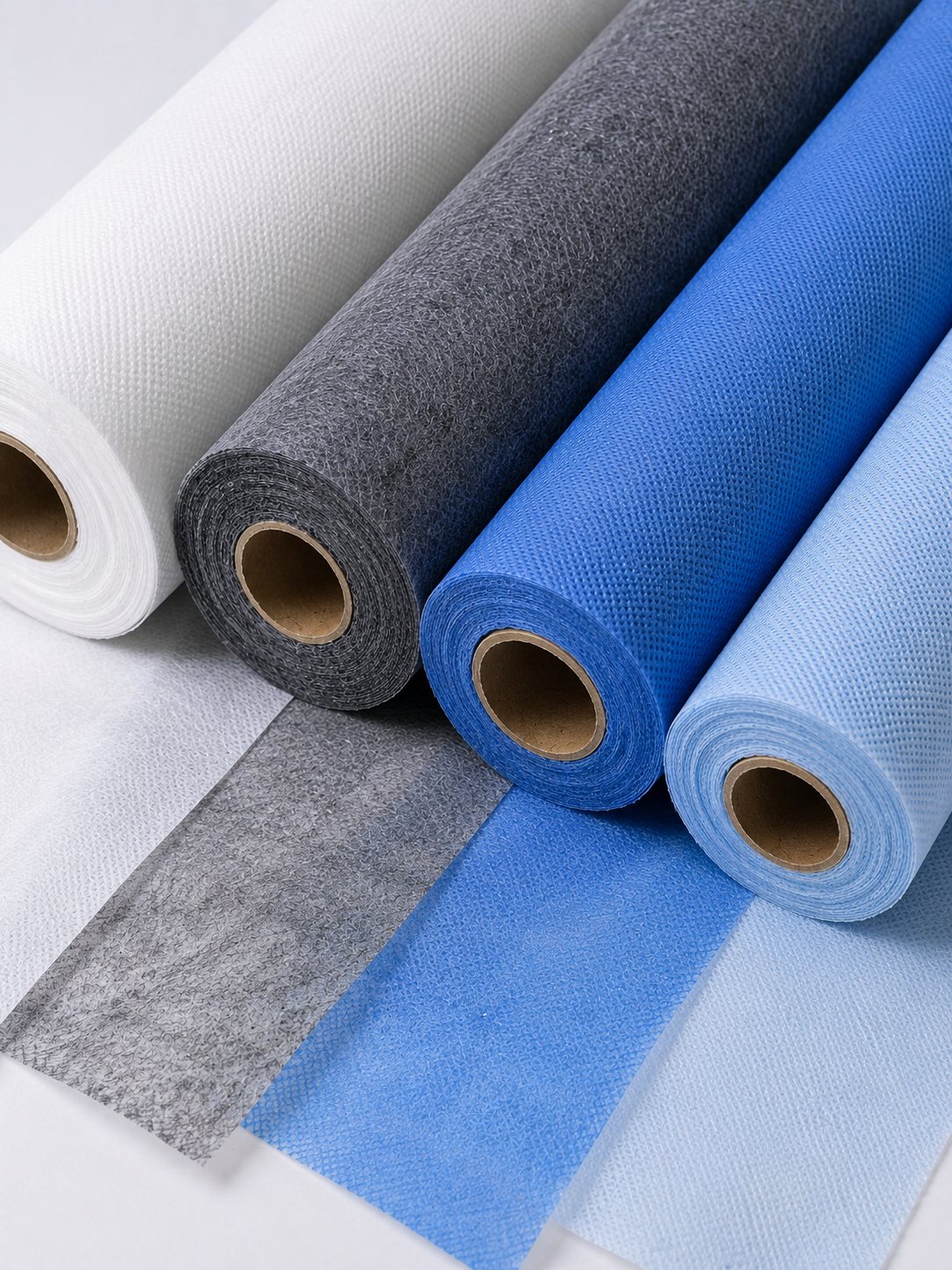 Nonwoven fabric rolls in white, grey and blue